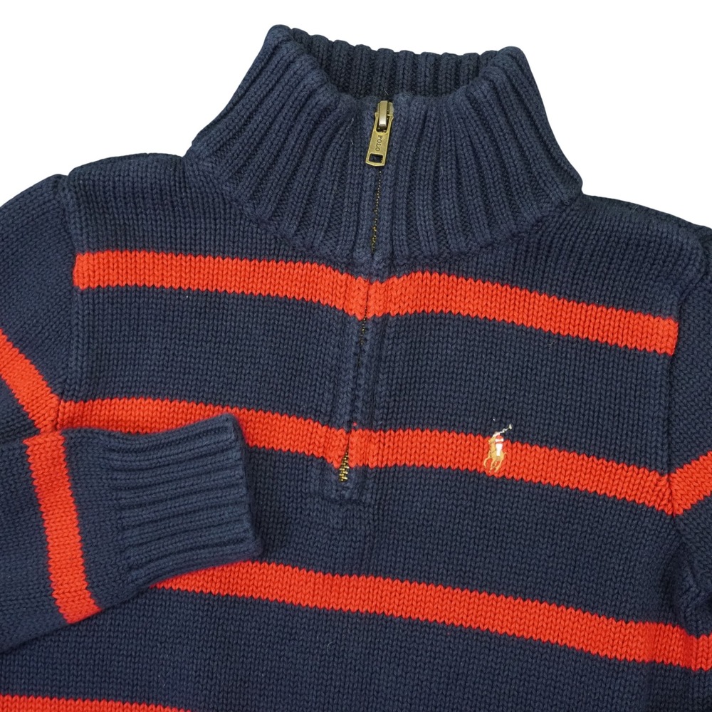 Vintage Polo Ralph Lauren Quarter Zip Sweater Kids 6 Navy Blue Red Striped Pony